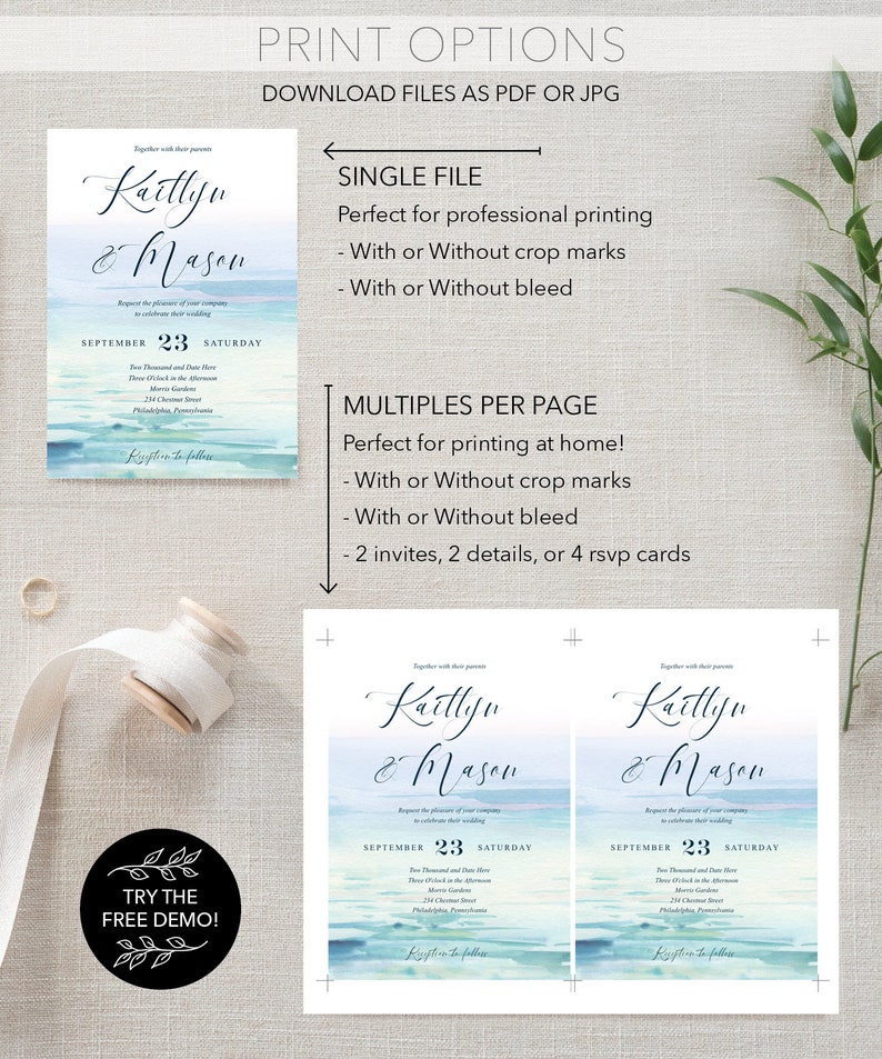 Minimal Beach Wedding Invitations Template, Printable Wedding Invitation Set, Destination Wedding, RSVP Card, Details Card, Modern, Sea image 8