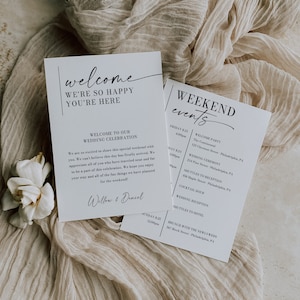 Plantilla de itinerario de boda con estética minimalista, carta de bienvenida para boda imprimible, programa de fin de semana, información para invitados, orden de eventos