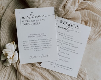 Minimal Aesthetic Wedding Itinerary Template, Printable Wedding Welcome Bag Letter, Weekend Schedule, Information for Guests, Order of Event