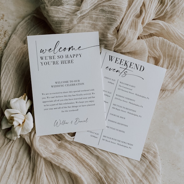 Minimal Aesthetic Wedding Itinerary Template, Printable Wedding Welcome Bag Letter, Weekend Schedule, Information for Guests, Order of Event