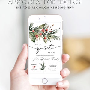 Pu&ograve; includere: Uno smartphone mostra un invito festivo. Il design include illustrazioni ad acquerello di vegetazione e bacche rosse, con le parole "Making Spirits Bright". L'invito indica data, ora e luogo.