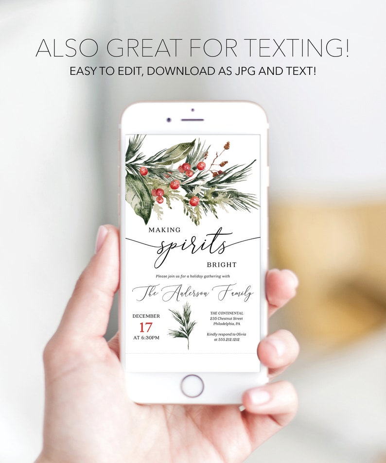 Pu&ograve; includere: Uno smartphone mostra un invito festivo. Il design include illustrazioni ad acquerello di vegetazione e bacche rosse, con le parole "Making Spirits Bright". L'invito indica data, ora e luogo.