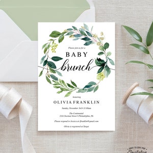 Baby Shower Invitation Baby Brunch Invite Editable Printable Invite Brunch Baby Shower Invites Instant Download Garden Greens zdjęcie 1