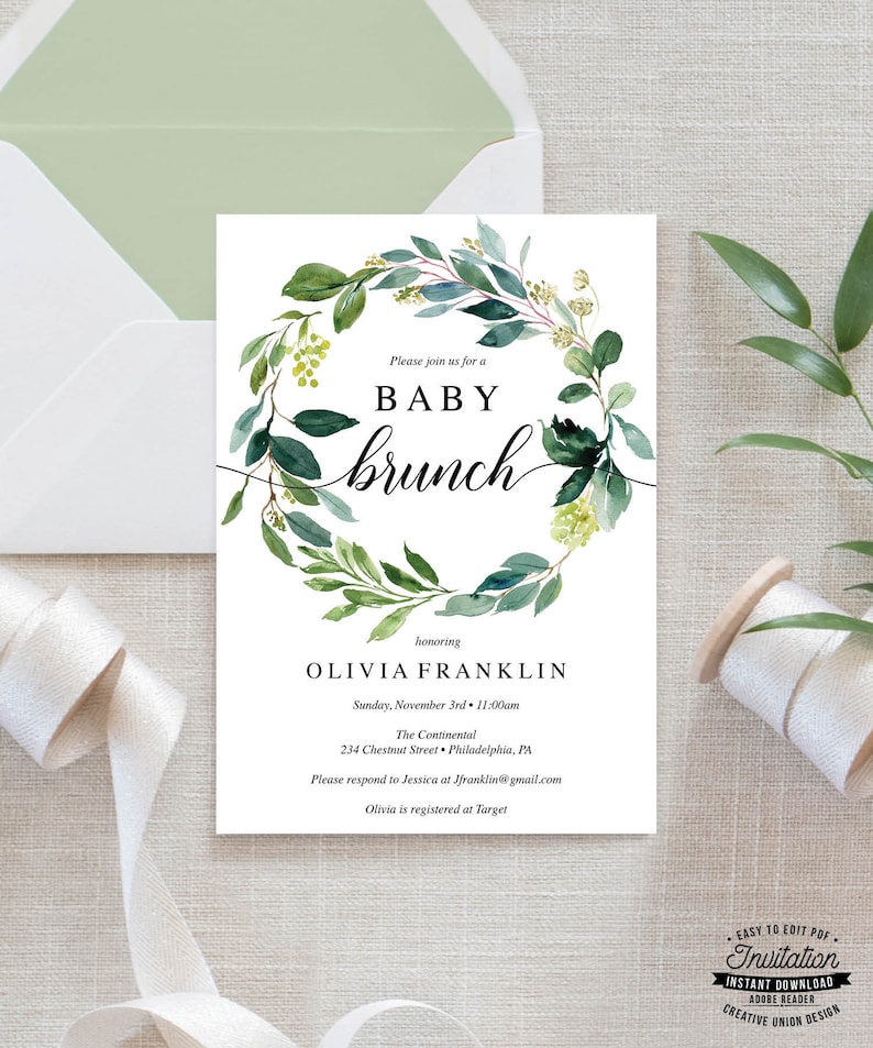 Baby Shower Invitation Baby Brunch Invite Editable Printable Invite Brunch Baby Shower Invites Instant Download Garden Greens image 1