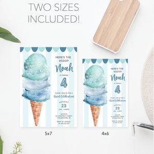 May include: Two birthday invitation cards featuring a watercolor ice cream cone illustration with blue stripes and text reading: HERE'S THE SCOOP, Noah IS TURNING 4, Sweet Celebration, AUGUST 23, 2:00-4:00PM, SCOOPS 23 CHESTNUT STREET PHILADELPHIA, PA, RSVP TO JESSICA AT 555.212.1212.