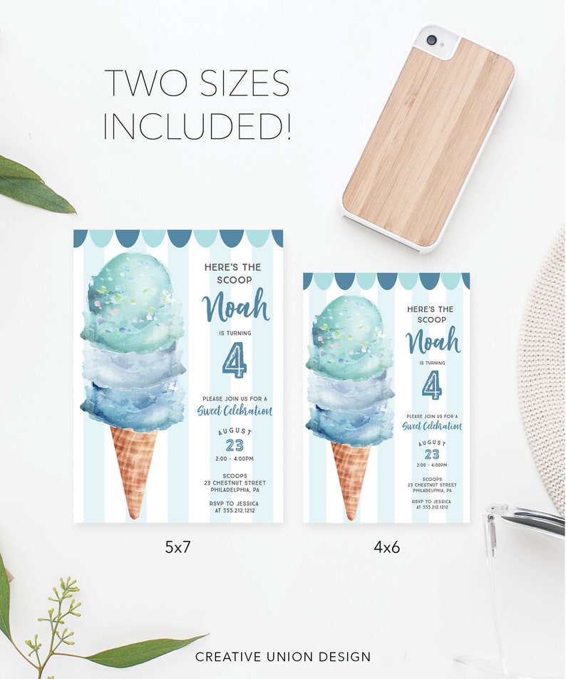 May include: Two birthday invitation cards featuring a watercolor ice cream cone illustration with blue stripes and text reading: HERE'S THE SCOOP, Noah IS TURNING 4, Sweet Celebration, AUGUST 23, 2:00-4:00PM, SCOOPS 23 CHESTNUT STREET PHILADELPHIA, PA, RSVP TO JESSICA AT 555.212.1212.