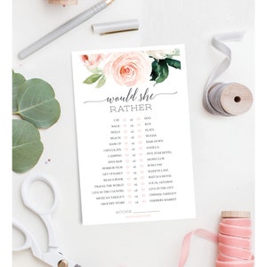 Would She Rather Game, Bridal Shower Game, Bachelorette Party Game, Printable Game, Download, Blushing Blooms, Floral, Peonies, Pink, Rather image 1