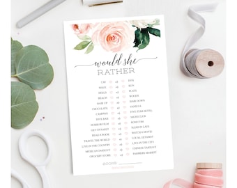 Would She Rather Game, Bridal Shower Game, Bachelorette Party Game, Printable Game, Download, Blushing Blooms, Floral, Peonies, Pink, Rather