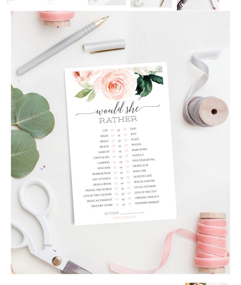 Would She Rather Game, Bridal Shower Game, Bachelorette Party Game, Printable Game, Download, Blushing Blooms, Floral, Peonies, Pink, Rather image 1