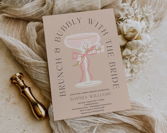May include: A pink and white bridal shower invitation with a champagne flute illustration and the text "Brunch & Bubbly with the Bride". The invitation includes the bride's name, date, time, location, and RSVP information.