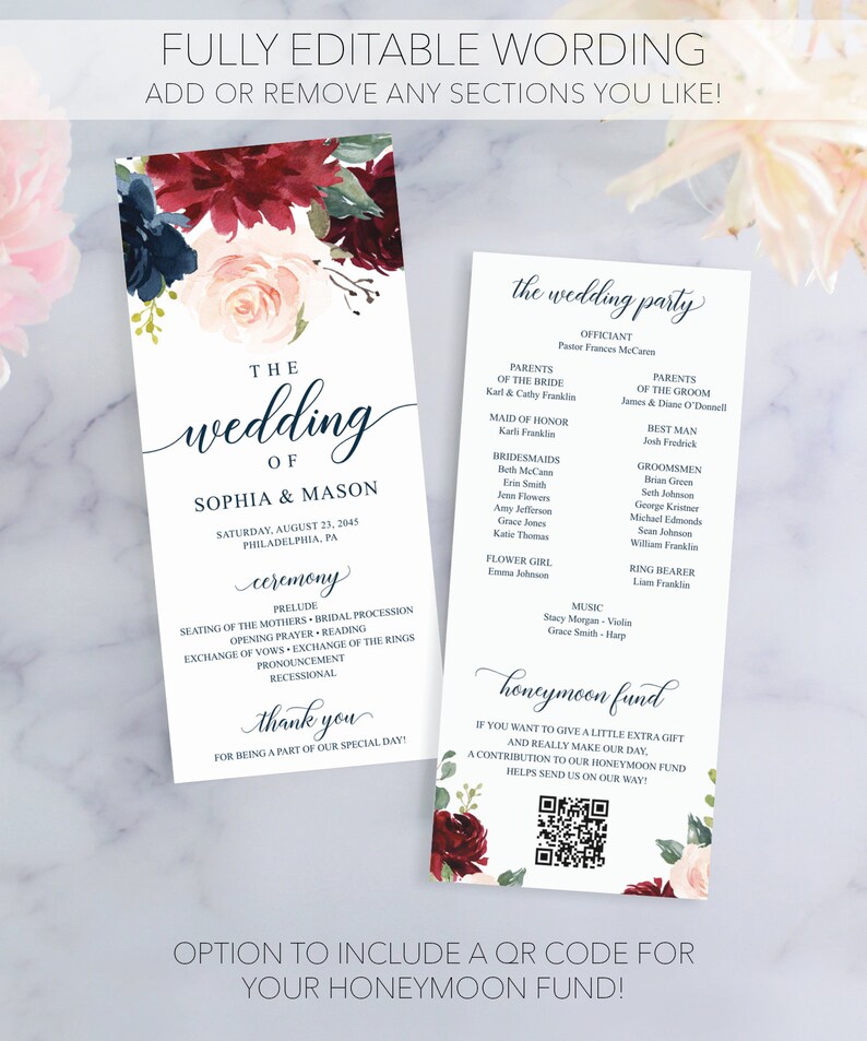 May include: A wedding program template with a floral design featuring burgundy and navy blue flowers. The program includes the wedding party, ceremony details, and a honeymoon fund section with a QR code.