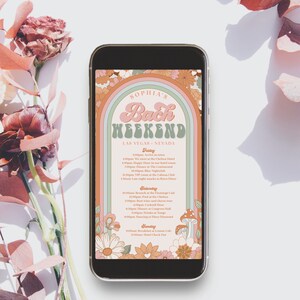 May include: A digital invitation for a bachelorette weekend in Las Vegas, Nevada. The invitation features a retro-style design with a rainbow arch, flowers, and mushrooms. The text reads "Sophia's Bach Weekend Las Vegas, Nevada" and includes a detailed itinerary for the weekend.