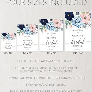 May include: Four bridal shower welcome signs in sizes 8x10, 16x20, 18x24, and 24x36 inches. Each sign features navy, light blue, and peach floral illustrations with the text: Welcome to Olivia's bridal shower 01.23.45. Text instructions are included.