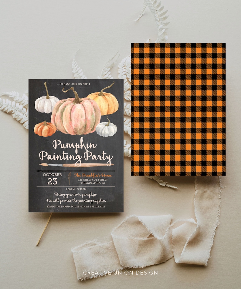 May include: A chalkboard-style invitation for a pumpkin painting party, featuring watercolor pumpkins in various colors. The text reads "Pumpkin Painting Party" with event details. A separate card displays an orange and black buffalo check pattern.