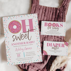 Plantilla de invitación con donuts para bebé, editable e imprimible, tarjeta de agradecimiento, rifa de pañales, libros para bebé, chispas de arcoíris, dulce
