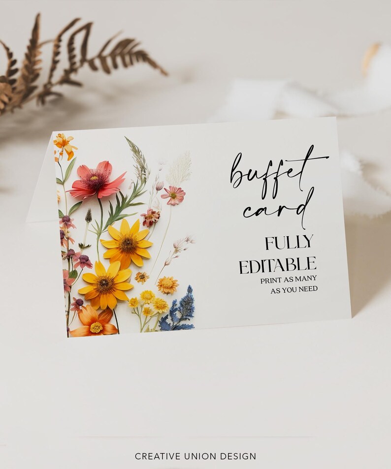 Pressed Flowers Buffet Card Template, Food Label, Wildflowers, Modern