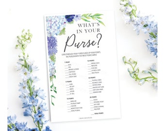 Bridal Shower Game, What's In Your Purse, Bridal Shower Games Printable, Wedding Shower Games, Couples Shower, Vintage Blue Hydrangea