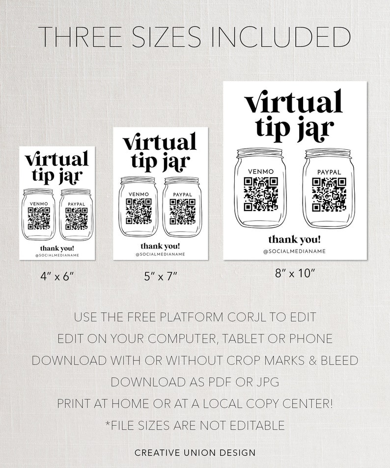 Printable Virtual Tip Jars Sign Venmo and Paypal QR Code Etsy