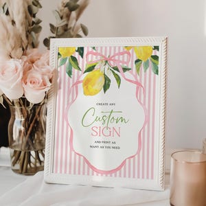 Modello di cartello personalizzato modificabile, cartello personalizzato per baby shower, bomboniere, regali e biglietti, cartello da tavolo stampabile, strisce rosa, agrumi, preppy, limone, bambina