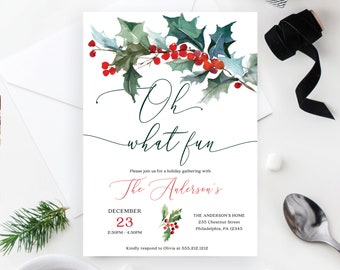 Oh What Fun! Holiday Party Invitation Template, Christmas Party Invite, Winter Birthday Invite, Download, Holiday Holly, Minimal, Open House
