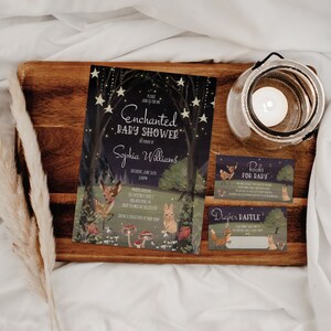 May include: Enchanted Baby Shower invitation with a dark forest background, glowing stars, and woodland animals. The invitation includes the text "Enchanted Baby Shower" and "Sophia Williams".