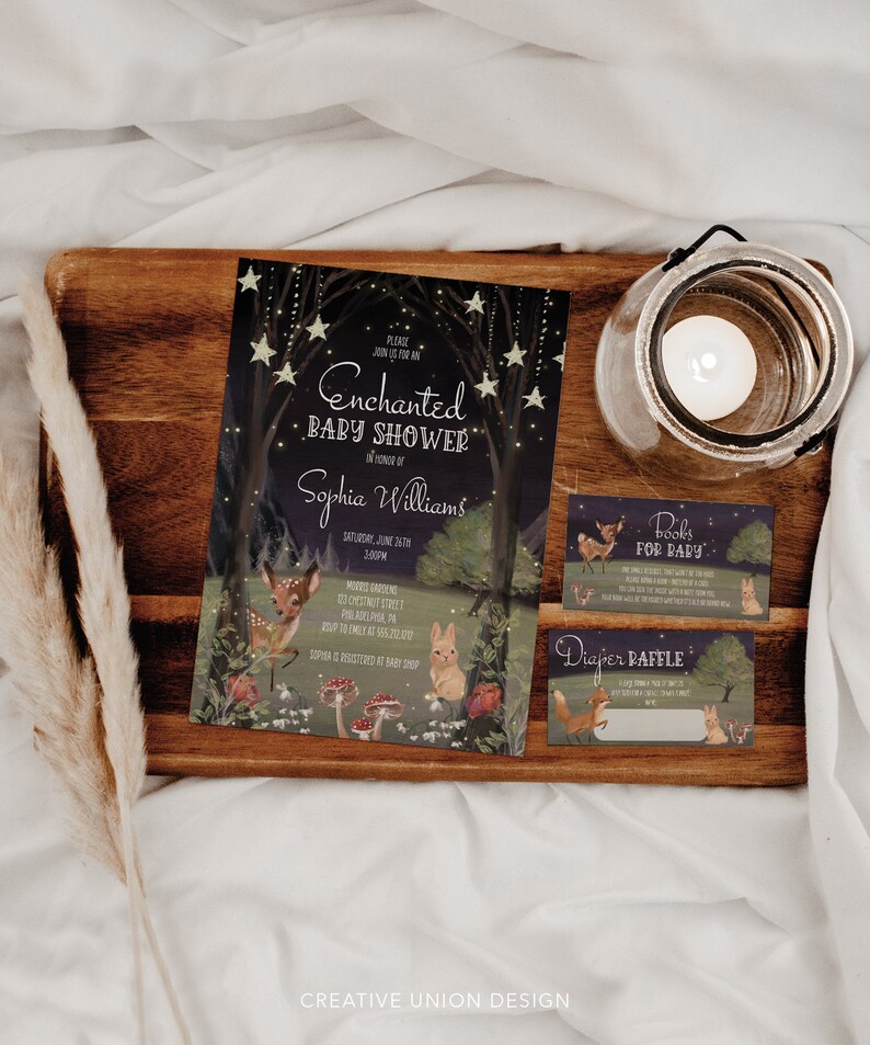 May include: Enchanted Baby Shower invitation with a dark forest background, glowing stars, and woodland animals. The invitation includes the text "Enchanted Baby Shower" and "Sophia Williams".
