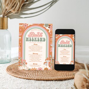 May include: A printable invitation for a bachelorette weekend in Las Vegas. The invitation features a retro 70s design with a rainbow arch, flowers, and mushrooms. The text reads "Sophia's Bach Weekend Las Vegas, Nevada".
