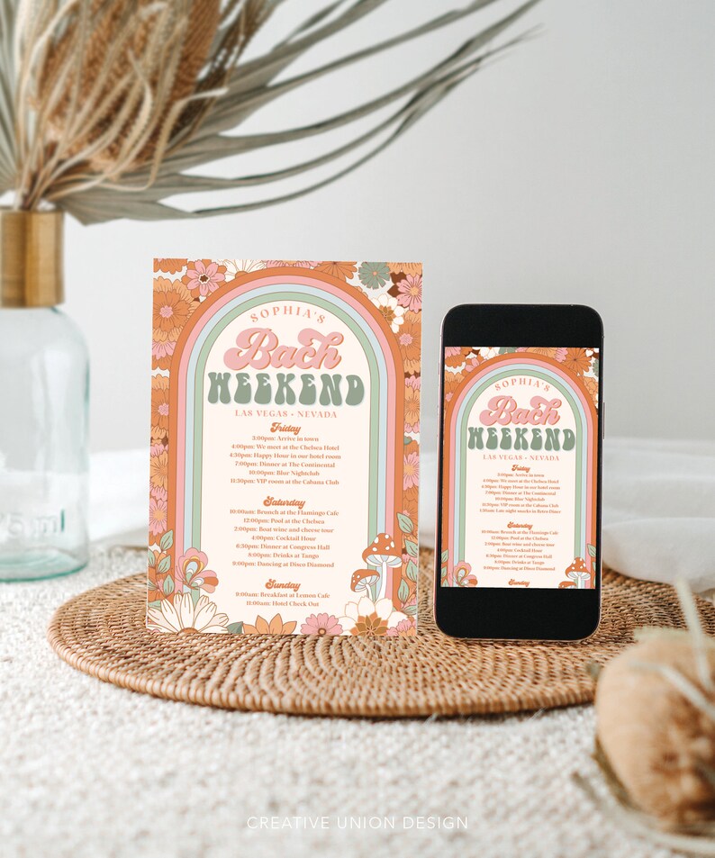 May include: A printable invitation for a bachelorette weekend in Las Vegas. The invitation features a retro 70s design with a rainbow arch, flowers, and mushrooms. The text reads "Sophia's Bach Weekend Las Vegas, Nevada".