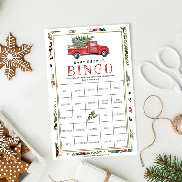 Baby Shower Bingo Cards, Printable Games with Holiday Christmas Truck Theme, Merry Greenery, Christmas Baby Shower, Merry Little Baby Bingo