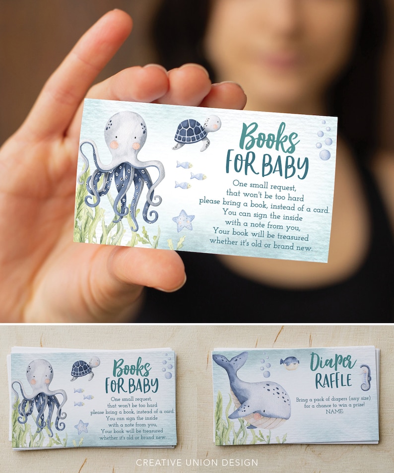 May include: Two blue and white cards featuring an octopus and a whale. The cards read "Books for Baby" and "Diaper Raffle".