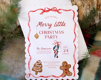 Cottagecore Christmas Editable Holiday Gathering Invitation Red Bow Christmas Party Invite Merry Little Friendsmas Printable Holiday Invite
