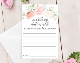 Date Night Ideas, Bridal Shower, Date Night Jar, Wedding Shower, 4x6 Cards, Printable, Instant Download, Pastel Blush, Floral Watercolor