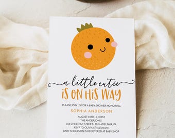 A Little Cutie Boy Baby Shower Invitation, Baby Shower Invite, Editable Printable, On His Way, Couples Baby Shower, Orange, Tangerine, Boy