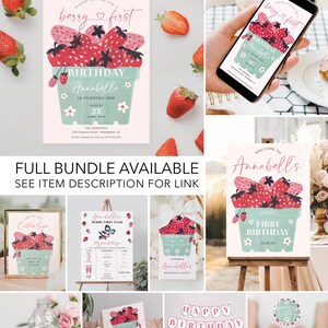 May include: A printable set of party decorations for a first birthday with a strawberry theme. The set includes a welcome sign, a banner, a cupcake topper, a water bottle label, a sign for a custom size, a sign for a berry first year, and an invitation. The decorations are in pink, green, and white with illustrations of strawberries.