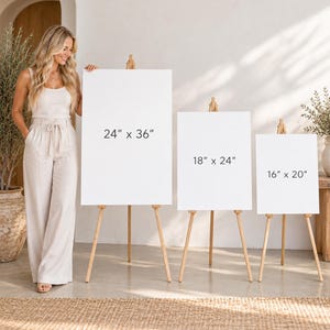 Może przedstawiać: Trzy puste, białe, prostokątne tablice na drewnianych sztalugach. Tablice są oznaczone wymiarami: 24" x 36", 18" x 24" oraz 16" x 20". Tekst "CREATIVE UNION DESIGN" jest nadrukowany na dole, na środku obrazu.