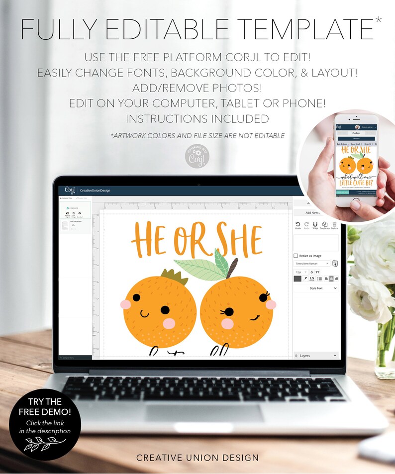 May include: A laptop screen displaying a digital design template for a gender reveal party. The design features two orange fruit with faces and the text "He or She". The template is editable using the Corjl platform.