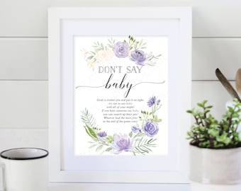 Don't Say Baby Game - Baby Shower Game Sign - Baby Shower Game - Clothespin Game - Don't Say Baby Sign - Instant Download - Pastel Purple