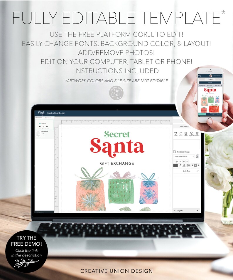 May include: A laptop displays a "Secret Santa" gift exchange template with colorful watercolor gift illustrations. The text reads "Fully Editable Template" and "Try the Free Demo!" A phone shows the same design.