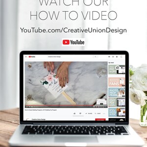 May include: A laptop displays a YouTube video titled "How to Create Wedding Programs | DIY Wedding Fan Program." The screen shows a wedding fan with floral design. The text "WATCH OUR HOW TO VIDEO" and "YouTube.com/CreativeUnionDesign" are visible.