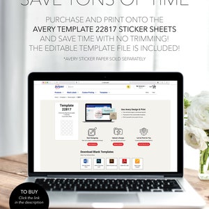 K&ouml;nnte beinhalten: Ein Laptop-Bildschirm zeigt die Avery-Website mit einer Vorlage f&uuml;r runde Etiketten. Die Vorlagennummer lautet 22817. Die Website bietet Optionen zum Starten des Designs, zum Hochladen eines Designs oder zum Drucken durch Avery. Die Website bietet auch einen Download f&uuml;r leere Vorlagen in verschiedenen Softwareformaten, darunter Microsoft Word, Adobe Photoshop, Adobe Illustrator, Adobe InDesign und Apple Pages. Der Text auf dem Bildschirm lautet "Sparen Sie jede Menge Zeit" und "Kaufen Sie und drucken Sie auf die Avery-Vorlage 22817 Aufkleberb&ouml;gen und sparen Sie Zeit ohne Zuschneiden! Die bearbeitbare Vorlagendatei ist enthalten!"