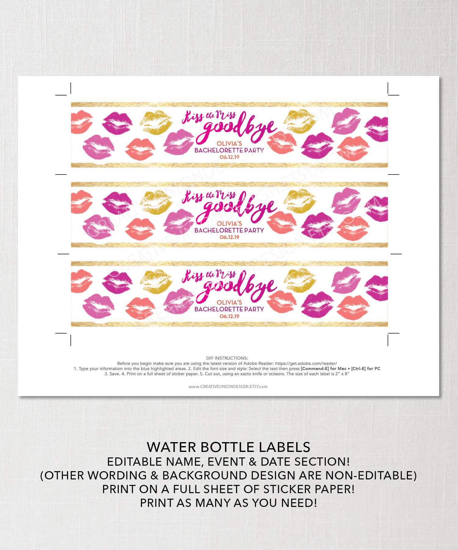 Bachelorette Party Water Bottle Labels Editable Water Bottle - Etsy