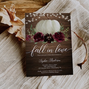 Fall in Love Bridal Shower Invitation Template, Printable Burgundy Pumpkin Wood, Fall Bridal Shower, Rustic Pumpkin, String Lights, Country