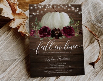 Fall in Love Bridal Shower Invitation Template, Printable Burgundy Pumpkin Wood, Fall Bridal Shower, Rustic Pumpkin, String Lights, Country