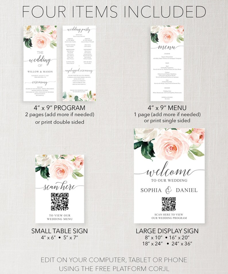Op de afbeelding: Vier printbare huwelijksborden met een aquarelbloemendesign. De borden omvatten een huwelijksprogramma, een menu, een welkomstbord en een klein tafelbord met een QR-code. De borden zijn verkrijgbaar in verschillende maten.
