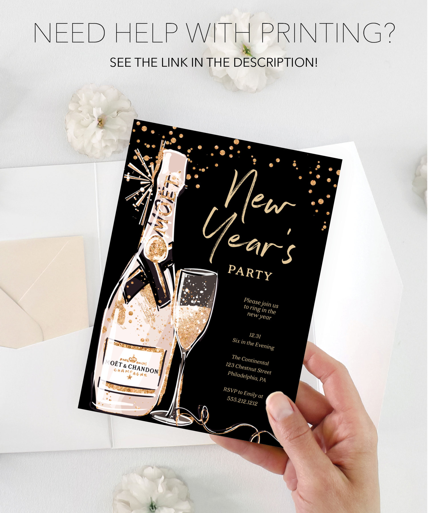 Plantilla de invitación para fiesta de Nochevieja, confeti, invitación  imprimible para fiesta de Año Nuevo, invitaciones de Nochevieja, champán  dorado, purpurina - Etsy México, image size:1500x1800