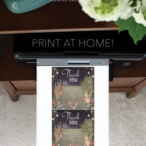 May include: Two printable thank you cards with a woodland theme. The cards feature a dark blue background with stars, a deer, a rabbit, and mushrooms. The text on the cards reads "Thank You".