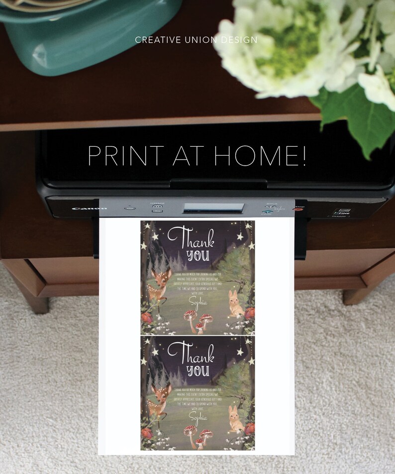 May include: Two printable thank you cards with a woodland theme. The cards feature a dark blue background with stars, a deer, a rabbit, and mushrooms. The text on the cards reads "Thank You".