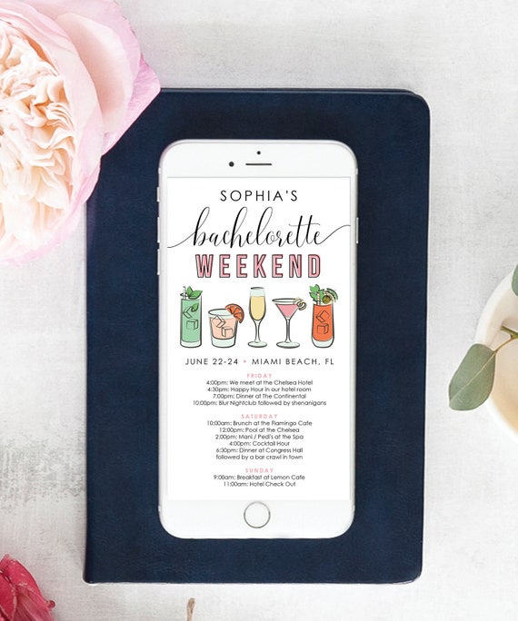 Bachelorette Itinerary Template Digital Schedule Instant Download Agenda Vegas Beach Bachelorette Weekend Itinerary Cocktails By Creative Union Design Catch My Party