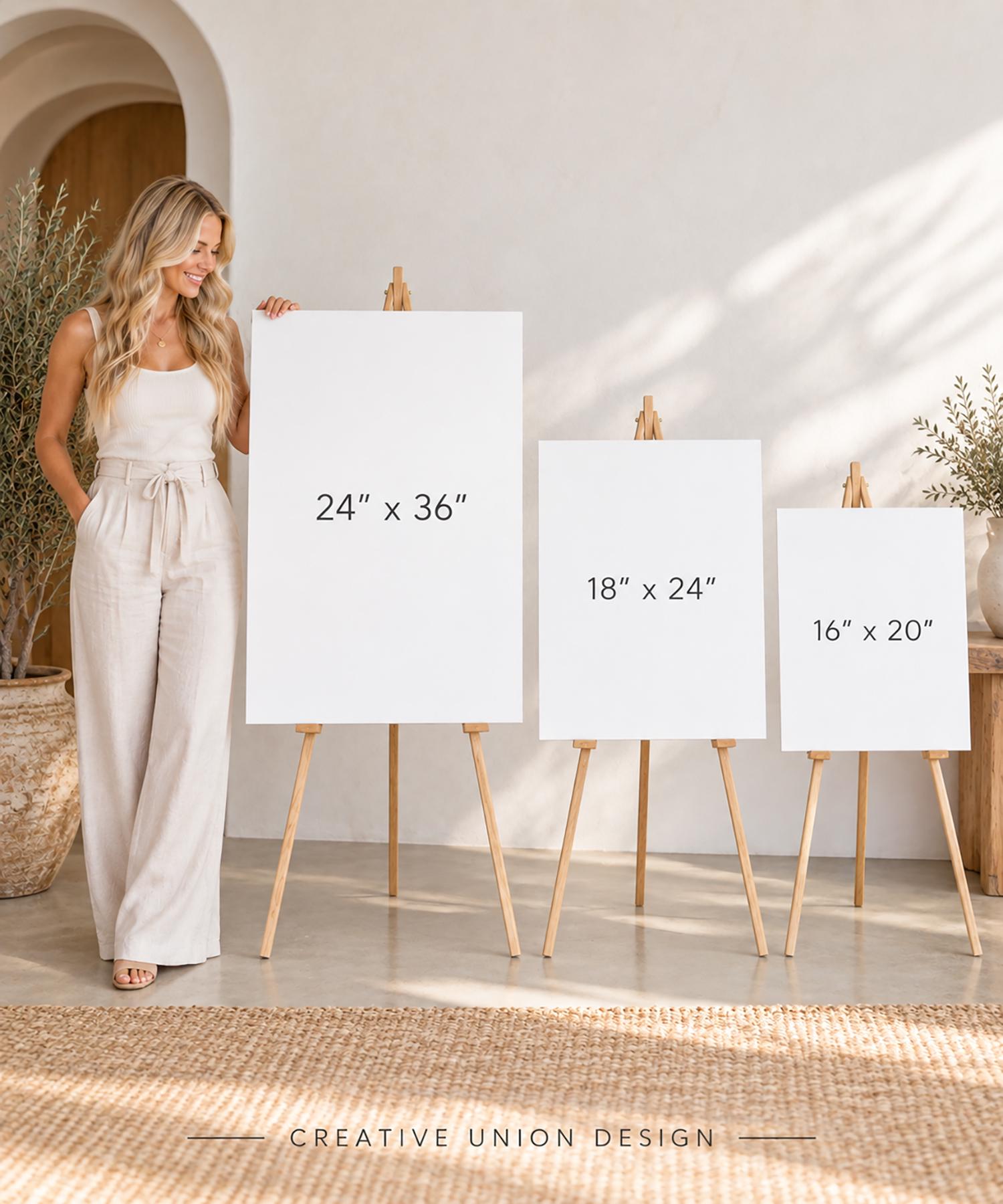May include: Three blank white rectangular signs displayed on wooden easels. The signs are labeled with dimensions: 24" x 36", 18" x 24", and 16" x 20". The text "CREATIVE UNION DESIGN" is printed at the bottom center of the image.