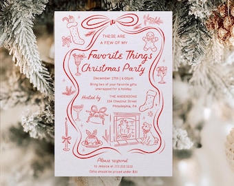 May include: A white Christmas party invitation with red illustrations and text. The card features festive drawings of a stocking, gingerbread man, and fireplace. The text includes the date, time, and address for a "Favorite Things" party.